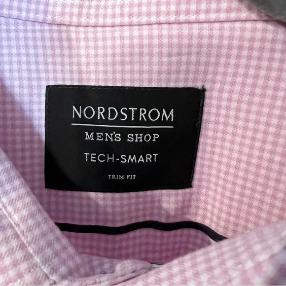 Nordstrom Mens Shop Tech Smart Trim Fit Button Down Pink Gingham Size 16 1/2 EUC - Picture 2 of 6
